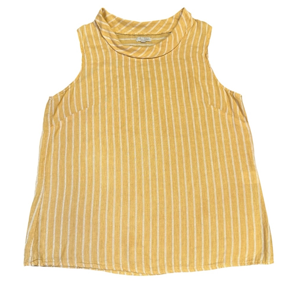 Lina Tomei Made in Italy Striped Linen Sleeveless Mock Neck Blouse Top Yellow L